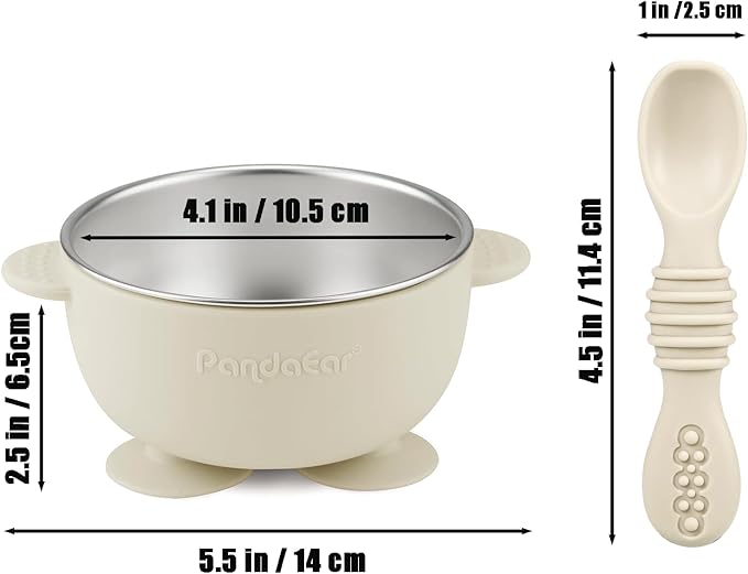 PandaEar 3 Pack Stainless Steel Suction Baby Bowls & 3 Baby Feeding Spoons | Non-Slip Stay Put Bowls & Soft Silicone First Stage Spoons for Toddlers, BPA-Free Baby Led Weaning Set (Linen Brown Grey)