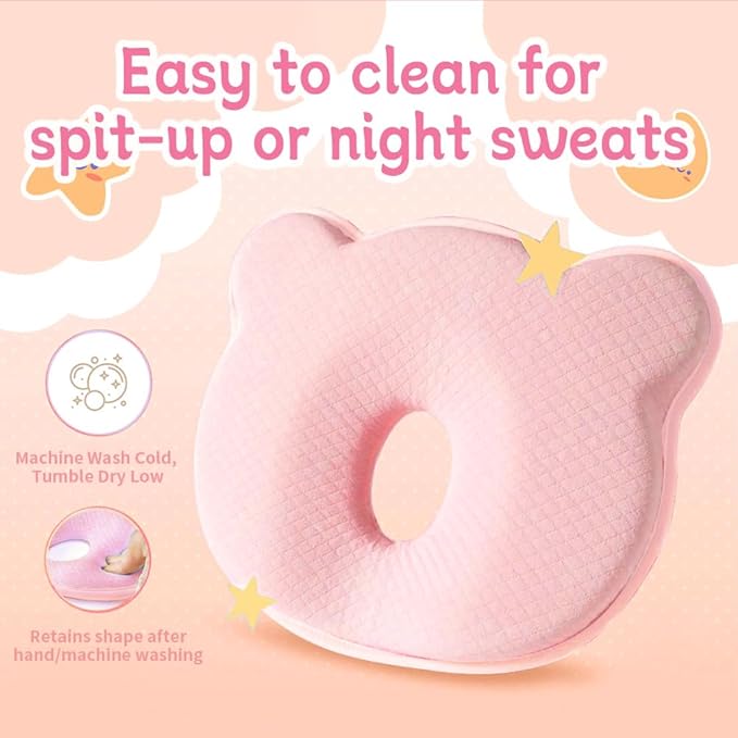 Memory Foam Baby Pillow for Newborn Flat Head Baby Pillow Machine-Washable Neck Support Prevent Flat Head 100% Cotton