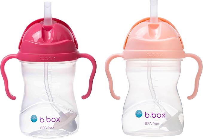 b.box Sippy Cup with Weighted Straw (2-Pack). Leak Proof, Easy Grip. BPA Free & Dishwasher Safe. Ideal for Babies 6m+ to Toddlers (raspberry + tutti fruitti, 8oz)