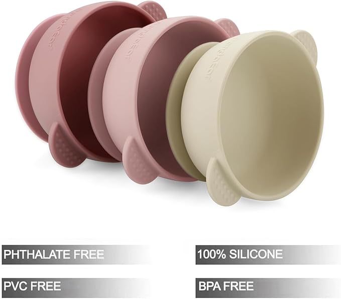 PandaEar 3 Pack Baby Bowls with Suction| Stay Put Silicone Food Bowl for Babies Kids Toddlers Infants| Food Grade Soft Safe BPA-Free Silicone (Pink)