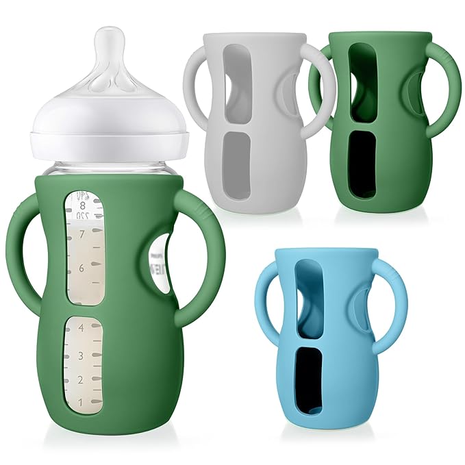 Juome Silicone Sleeves with Handles for Avent Natural Glass Baby Bottle - 3 Pack Anti Breakage Holder for Phillips Avent Baby Bottles, Compatible with Philips Avent Anti Colic Baby Bottles 8 oz