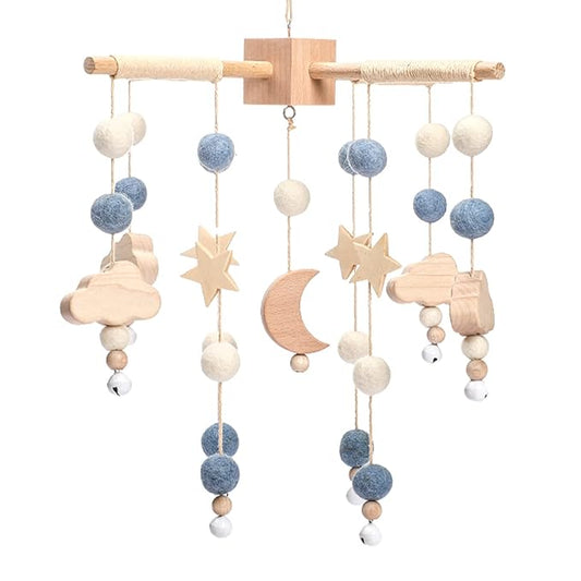 Boho Baby Crib Mobile Decor - Wooden Moon and Stars Nursery Mobiles with Cloud for Bassinet Starry Night Handmade Soft Felt Beads Hanging Wind Chime Toys Pendant for Infant Newborn Boy and Girl