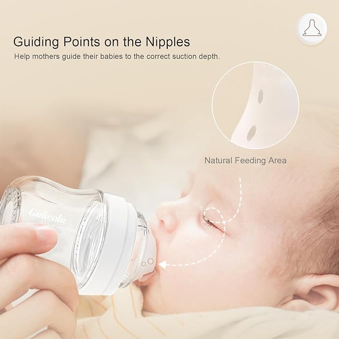 Gulicola Natural Glass Baby Bottle 4 Pack, Newborn Breastfeeding Bottles Set, Extra Slow Flow Nipples (SS), Anti Colic, 0 Months+, 5 oz - White