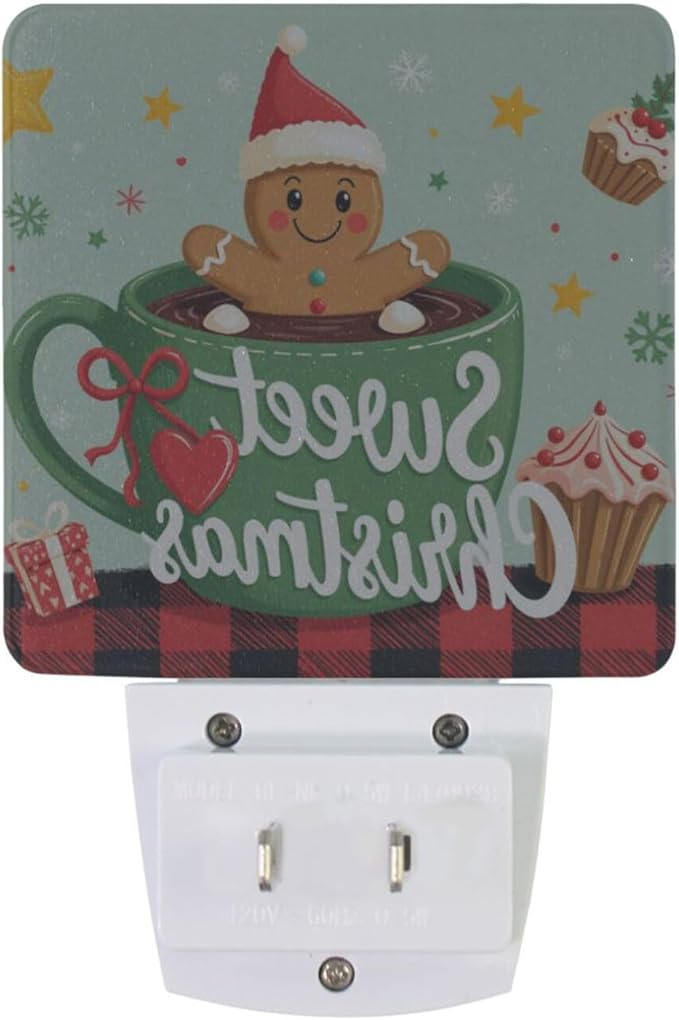 Aslsiy Night Light for Kids Gingerbread Man Cup Christmas Plaid Plug in Wall Lamp LED Dusk to Dawn Sensor Energy Saving Nightlight for Boys Girls Men Women
