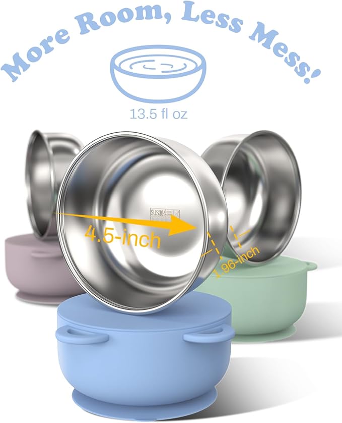 Baby Suction Bowls with Lids 4-Pack, 2-in-1 Stainless Steel 304 Toddler Bowl & Removable Silicone Suction Kids Bowl Plate Set Non Toxic Snack Dishes for Self-Feeding, Unicorn Magic Set