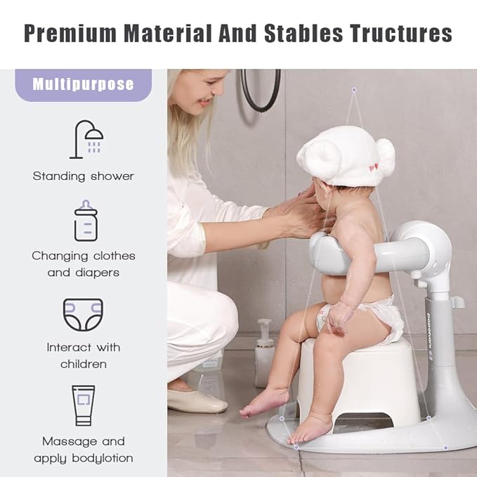 Baby Shower Stand 2025 Upgraded, Baby Bath Support, Shower Standing Support with Adjustable Height and Armrest, Bath Stand with Anti-Skip and Shower Head Holder, Ideal Gift for Infants 6-36 Months
