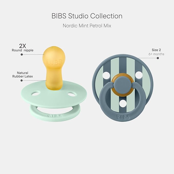 BIBS Pacifiers - Studio 2 Pack | Round Nipple Baby Pacifier | BPA Free Natural Rubber Latex Soother | Made in Denmark | Size 6+ Months | Block Nordic Mint Petrol