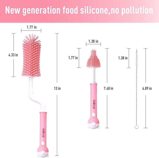 Silicone Baby Bottle Brushes Set Cleans Deep Container Nipple or Straw with Rotation Long Handle,3 in 1 Rubber Cleaning Kits Wash Infant Pacifier Teat Nozzle or Breast Pump by Spinning Handgrip