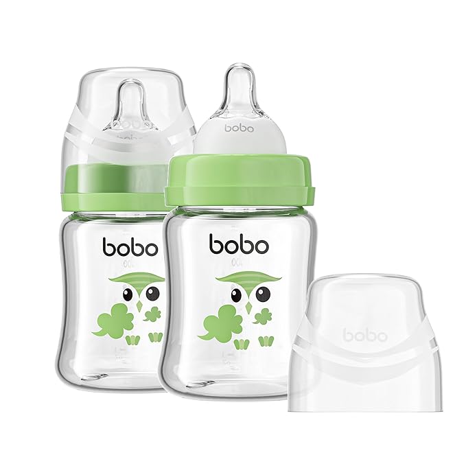 YOHKOH Glass Baby Bottles with Slow Flow Nipple, Newborn Anti-Colic Baby Bottles for 0+ Months, Wide Neck Feeding Bottle, Clear (Green, 5oz (Pack of 2))