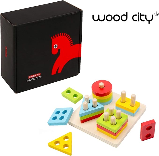 WOOD CITY Wooden Montessori Sorting & Stacking Toys for Toddlers 1 2 3 Year Old, Educational Shape Color Recognition Puzzle Stacker, Development & Learning Toys Boys Girls