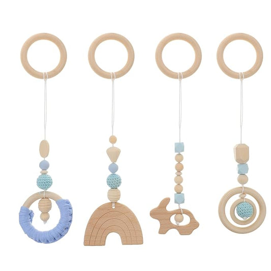 Teething Rings 4Pcs Baby Gym Wood Toys Wooden Hanging Toy Wood Activity Pendant Hanging Toy Dangling Teething Soother Sensory Toys Nursery Decor Montessori Play Gym