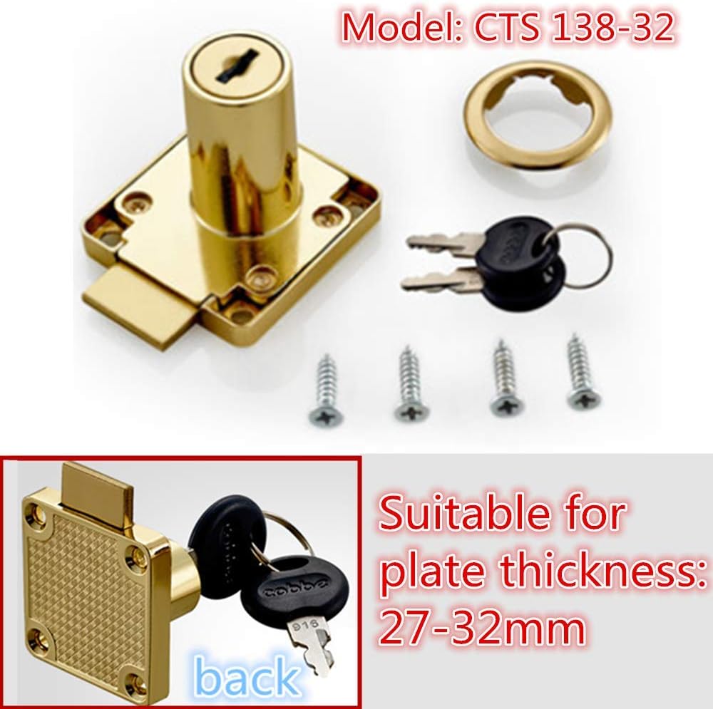Drawer Lock Letter Box Lock Desktop Lock Door Lock, Model CT-138-32, ((Hole Diameter 0.75 inch / 19MM) for Door Panels with a Thickness of 27 mm-32 mm. 1pcs [Gold Yellow]