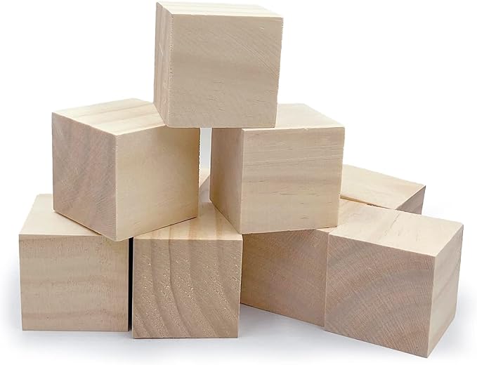 Wood Blocks for Crafts, Unfinished Wood Cubes, 2 Inch Natural Wooden Blocks, Pack of 8 Wood Square Blocks, Wooden Cubes for Arts and Crafts and DIY Projects