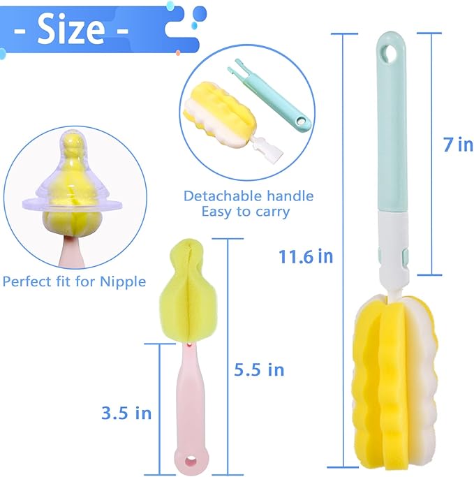4PCS Baby Bottle Brush Set - Milk Bottle & Nipple Cleaner with 4 Detachable Portable Scrubber Brushes