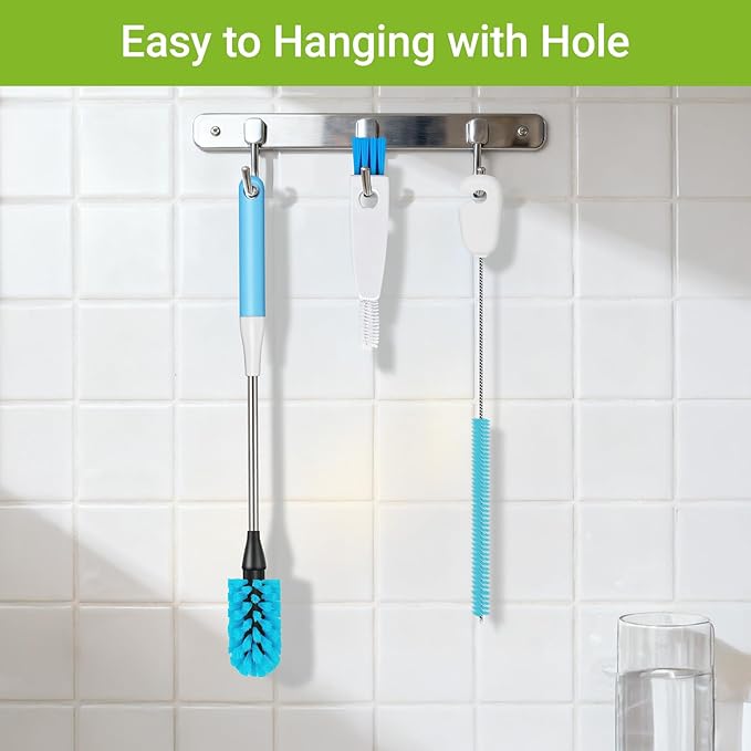 3-in-1 Bottle Brush, 15 Inches Long Handle Kitchen Water Bottle Brush, Stainless Steel Bottle Cleaner Brush with Straw Brush & Lid Brushe for Cleaning Wine Glasses,Coffee Mugs,Tumblers,Wine Decanters