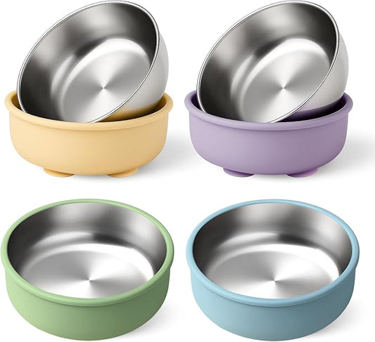 Mity rain Stainless Steel & Silicone Bowls for Baby - 4-Piece Suction Plates & Bowls for Toddlers,Removable Silicone Shell,Non-Slip Baby Food Bowl with Unbreakable Design (Baby Bowls with Suction)