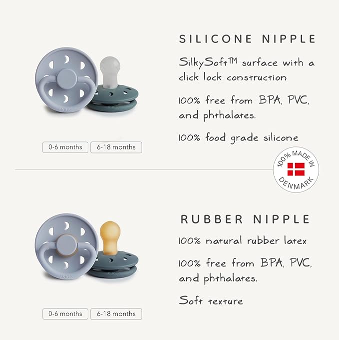 FRIGG Moon Natural Rubber Baby Pacifier | Made in Denmark | BPA-Free (Sage/Portobello, 0-6 Months) 2-Pack