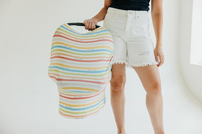 Copper Pearl Baby Car Seat Cover Canopy and Nursing Cover Multi-Use Stretchy 5 in 1 Gift 'CoComelon Stripe' - One Size