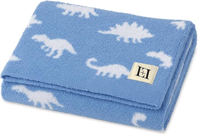Dinosaur Baby Blanket 28"x40" - DreamSoft Knit Throw for Crib, Stroller or Car Seat - Soft Receiving Blanket/Newborn Nursery Gift Essential for Toddler, Infant, Kids, Boys & Girls (Baby Blue/White)
