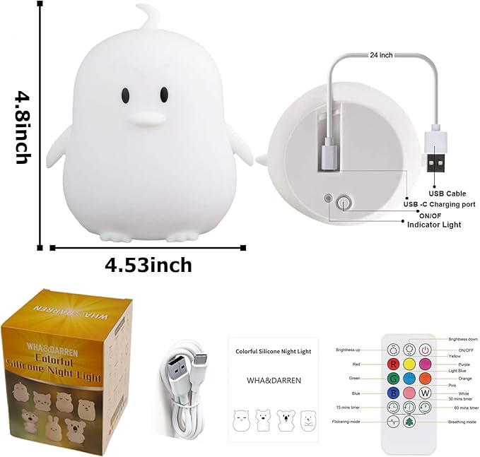 WHA&DARREN Penguin Night Light for Kids, Children Lamp Portable Rechargeable Silicone Baby Night Light, Remote Controlled Children's Animal Lamp Kawaii