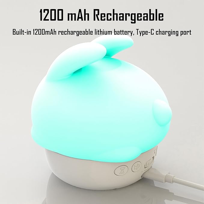 Cute Bunny RGB Rechargeable Night Light, Soft Silicone Lampshade, Adjustable Brightness LED Clock, Date, Alarm, Thermometer, Timer, Tap Control, Bedroom Lamp, Gift for Girl and Kid (White Bunny)