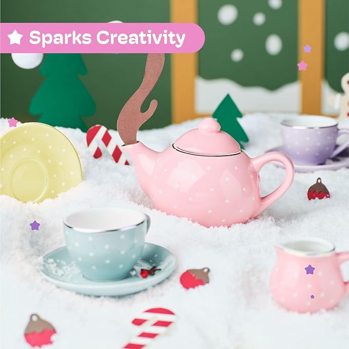 Jewelkeeper 13 Pieces Porcelain Tea Set for Little Girls with Pastel Picnic Basket - Mini Toddler Tea Sets for Girls 2 and Up - Real Cups, Teapot, and Saucers - Children Playset - Polka Dots Design