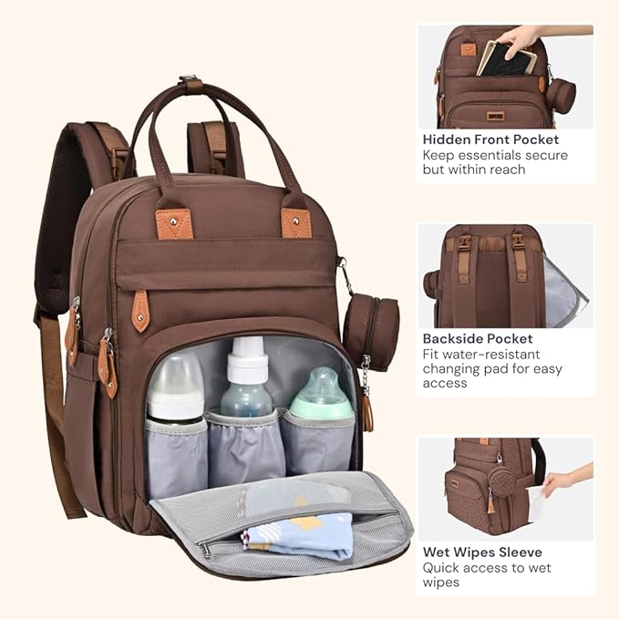 BabbleRoo Diaper Bag Backpack - Baby Essentials Travel Tote - Multi Function Waterproof Diaper Bag, Travel Essentials Baby Bag with Changing Pad, Stroller Straps & Pacifier Case - Unisex, Brown