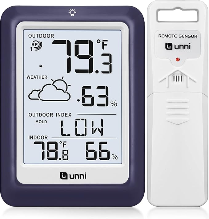 Indoor Outdoor Thermometer Wireless Weather Station, Temperature Humidity Monitor Battery Powered Inside Outside Thermometers with 330ft Range Remote Sensor and Backlight Display (Purple)