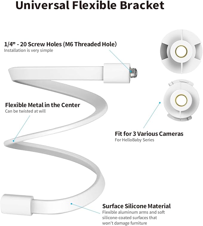 Flexible Baby Monitor Mount for HelloBaby HB6550/HB65/HB66/HB6558/HB248, ANMEATE SM935E/SM650, Compatibile with Bonoch ChildsFarm Eufy Baby Monitor, 20'' Arm Bracket Holder to Crib Cot Shelves, White