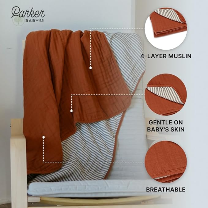 Parker Baby Muslin Blanket | 100% Soft Cotton Toddler Quilt & Baby Muslin Swaddle | Gender Neutral Design 47" x 47" Blanket