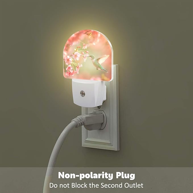 Hummingbird with Cherry Blossoms Night Light Plug into Wall, Pink Flowers Bird Dusk to Dawn Night Light,0.5w Energy Saving Sleep Friendly Nightlight for Kids Boys Girls Home