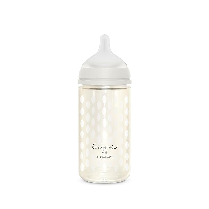 Suavinex Bonhomia Glass Baby Bottle with SX PRO Silicone Nipple, Anti Colic Baby Bottles, Baby Bottles for Breastfed Babies, Medium Flow, 3mo, 8oz, Beige