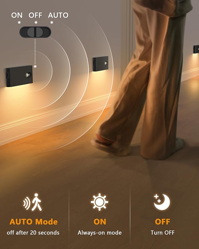 WILLED Motion Sensor Night Lights, Wireless Stair Lights Indoor, Battery Rechargeable Night Lights for Stairway, Hallway, Kitchen, Closet, Cabinet, Bedroom, Kids' Room(4-Pack)