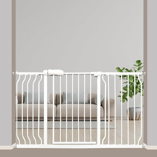 Extra Wide Baby Gate 53-57.5 Inch, Tension Mounted No Drilling, Auto Close Indoor Safety Gate for Stairs & Doorways - Metal Design for Kids and Pets, White