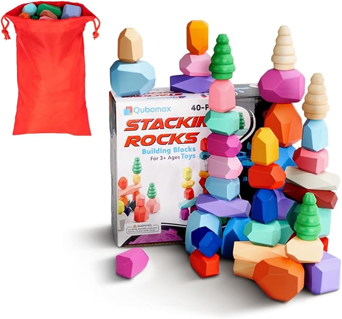 Wooden Stacking Rocks - 40 Pcs Montessori Sensory Learning Toys for Kids 3-9 | Balance Building Blocks Educational STEM Toys for Boys Girls