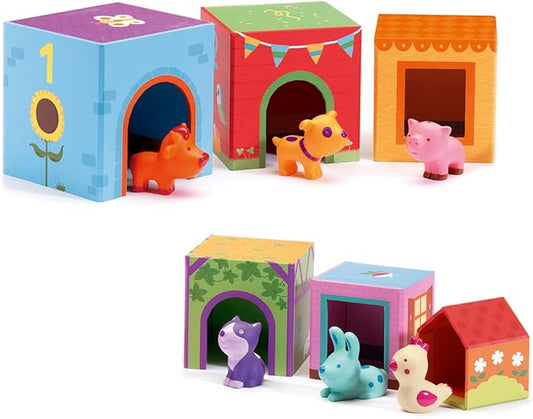 DJECO - Topanifarm Blocks - Build a Farm, Wooden Blocks & Animal Toys - Sorting & Stacking - Enhances Fine Motor Skills - Durable Playtime - Cute Design - Preschool Kids 18+ Months