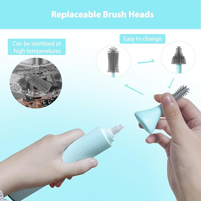 Electric Baby Bottle Brush Set with Rechargeable Electric Bottle Brush Cleaner and Replaceable Silicone Bottle Brushes and Straw Brush Cleaner, Waterproof Multi-Purpose Cleaning Brush(Blue)