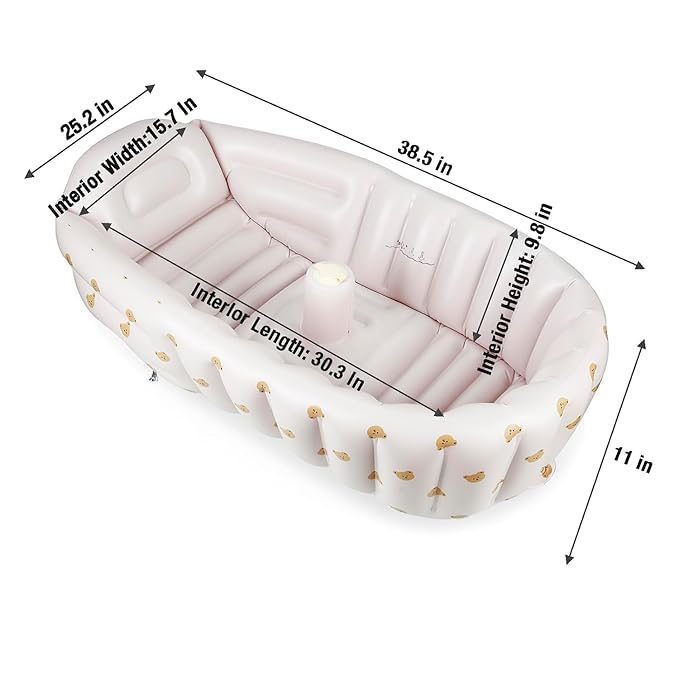 PandaEar Inflatable Bathtub for Toddlers, Collapsible Portable Bathtub for Kids Travel Baby Bathtub with Air Pump, Non-Slip Shower Basin（Bears White）