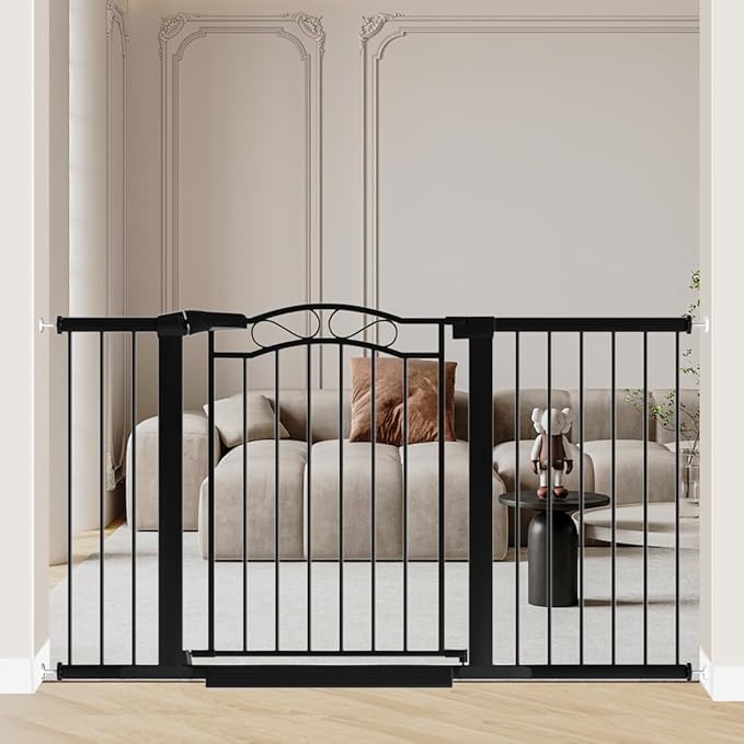 Black Wide Baby Gate with Door-Walk Through Baby Gates for Stairs Pressure Mounted no Drill-Indoor Tension Metal Child Pet Dog Safety Gate 54.33"-57.09" inches Wide