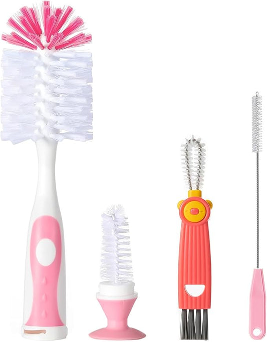 Baby Bottle Brush Set 4 in 1, Baby Bottle Cleaner, with 1P Nylon Bottle Brush, 1P Bottle Cap Brushes, 2P Straw Brushes, Bottle Brush with Nipple Cleaner and Suction Cup, BPA-Free(Pink)