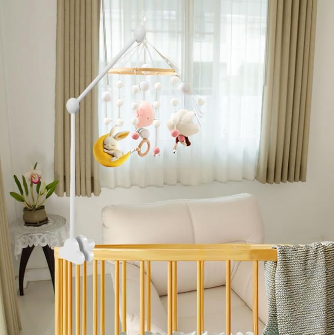 Baby Crib Mobile Arm,27.2 Inches Wooden Baby Mobile Hanger for Crib,Adjustable Mobile Arm for Crib Cot Bed Bassinet Wind Chimes Bed Bell Nursery Cloud Design (White)