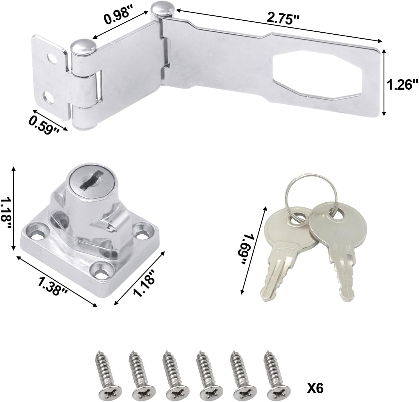 Door Lock Hasp Latchs, Collapsible Solid 304 Stainless Steel File Cabinet Lock Desk Drawer Lock, for 90 Degree and 180 Degree Drawers, Dabinets, Doors, Flip Barn Door (Individual Key)