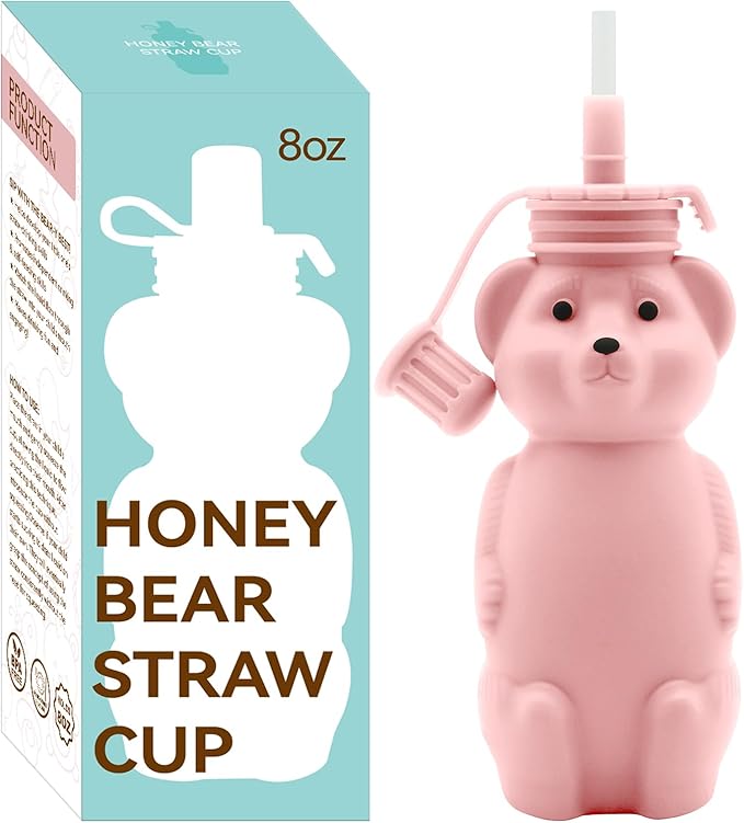 Honey Bear Silicone Straw Cup, Babies Water Drinking Cup, 8-Ounce Therapy Sippy Bottles for Speech and Feeding Training, BPA Free & Dishwasher Safe (PINK)
