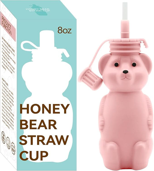Honey Bear Silicone Straw Cup, Babies Water Drinking Cup, 8-Ounce Therapy Sippy Bottles for Speech and Feeding Training, BPA Free & Dishwasher Safe (PINK)