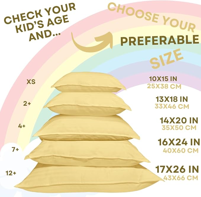 kinder Fluff Children Pillow (2Pack) 14x20in - Junior Pillows for Kids Age 4+, 100% Cotton Sateen Stripes Shell 300T, Down Alternative Fill, Machine Washable - Children & Travel Cushion - Yellow - M
