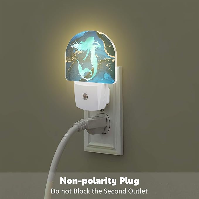 Watercolor Turquoise Mermaid Night Light for Kids,Navy Blue Golden Marble Night Light Plug in with Dusk to Dawn Sensor,0.5w Energy Saving Nightlight for Hallway Stairway Kitchen Bedroom