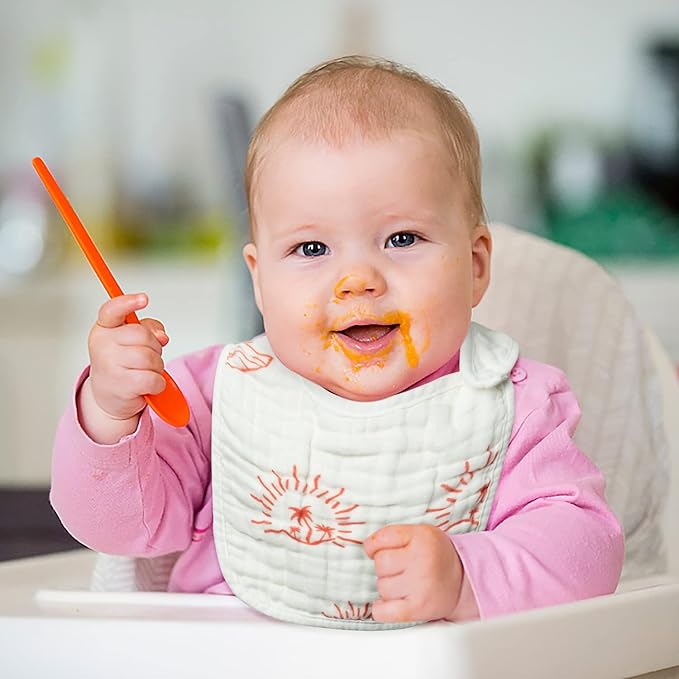 Zainpe 6Pcs Snap Muslin Cotton Bibs for Baby Rainbow Sun Star Adjustable Feeding Bib, Machine Washable Unisex Burp Cloths with 6 Absorbent Soft Layers for Infant Newborn Toddler Drooling Teething