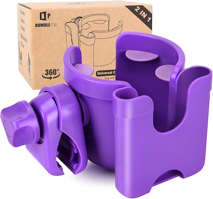 Universal Stroller Cup Holder with Mobile Phone Case, 2-in-1 Strollers Storage Rack, 360 Degrees Rotation Drink Holder for Bike, Pushchair, Wheelchair, Walker,Bicycle, Fits Most Cups (Purple)