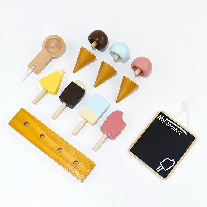 PairPear Wooden Ice Cream Cart for Kids – Toddler Pretend Play Grocery Store Ice Cream Truck Playset Kids Dessert Truck Play Food Kitchen Toys Gift for Boys and Girls 3 Years and up