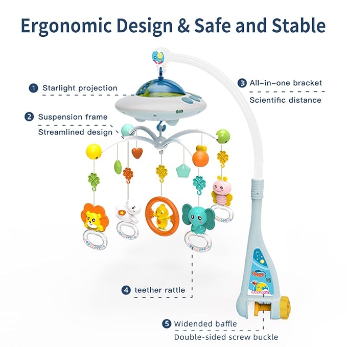 Eners Baby Crib Mobile with Music and Lights, Mobile for Crib with Remote Control, Rotation, Moon and Star Projection, Baby Crib Toys for Boys Girls (Blue)